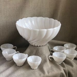 White glass swirl punch bowl with 8 glasses